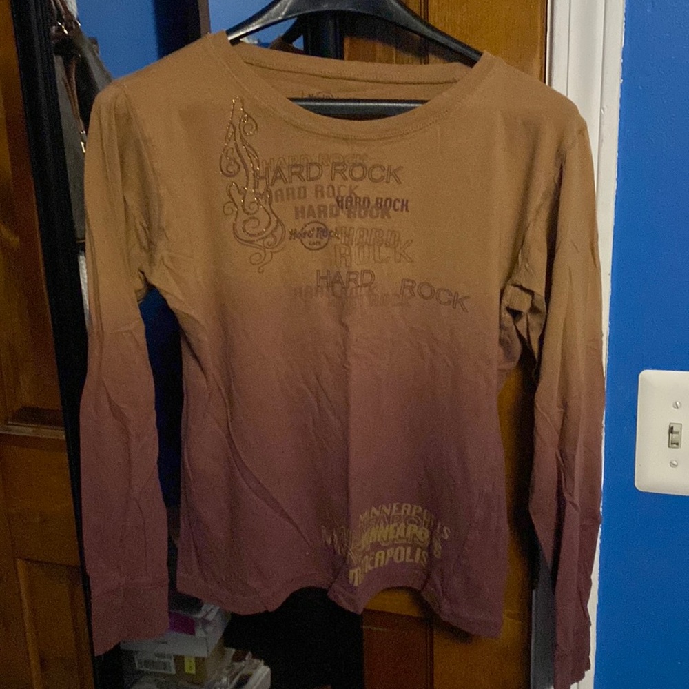 Womens Hard Rock Cafe 100% cotton brown long sleeve tee shirt